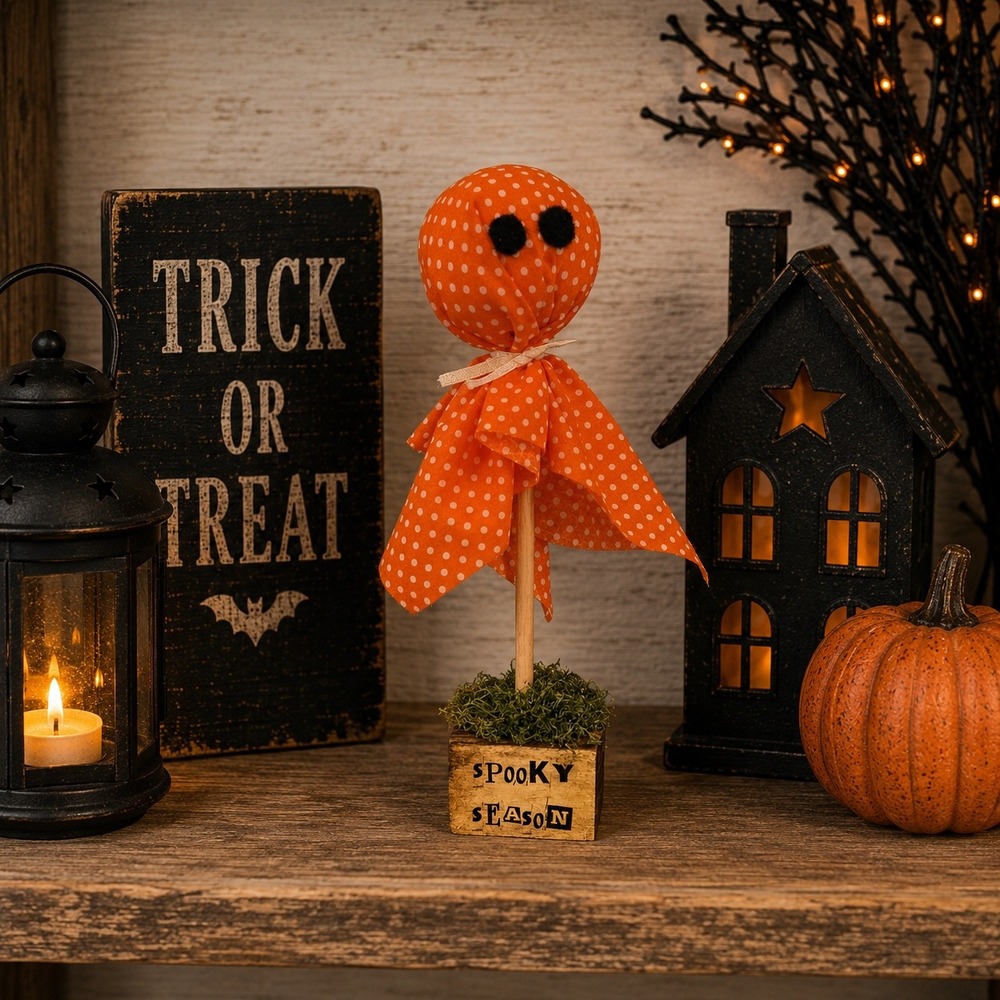 Handmade Orange Polka Dot Ghost Spooky Season Wood Block Halloween Decor 8.5"